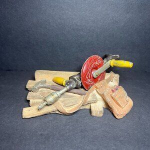 VTG 1999 Keypoint Handcrafted Hand Drill, Hammer, Tool Bag & Wood Planks Figure